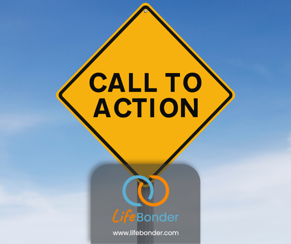 A road sign with call to action written on it. The logo of LifeBonder appears at the bottom.