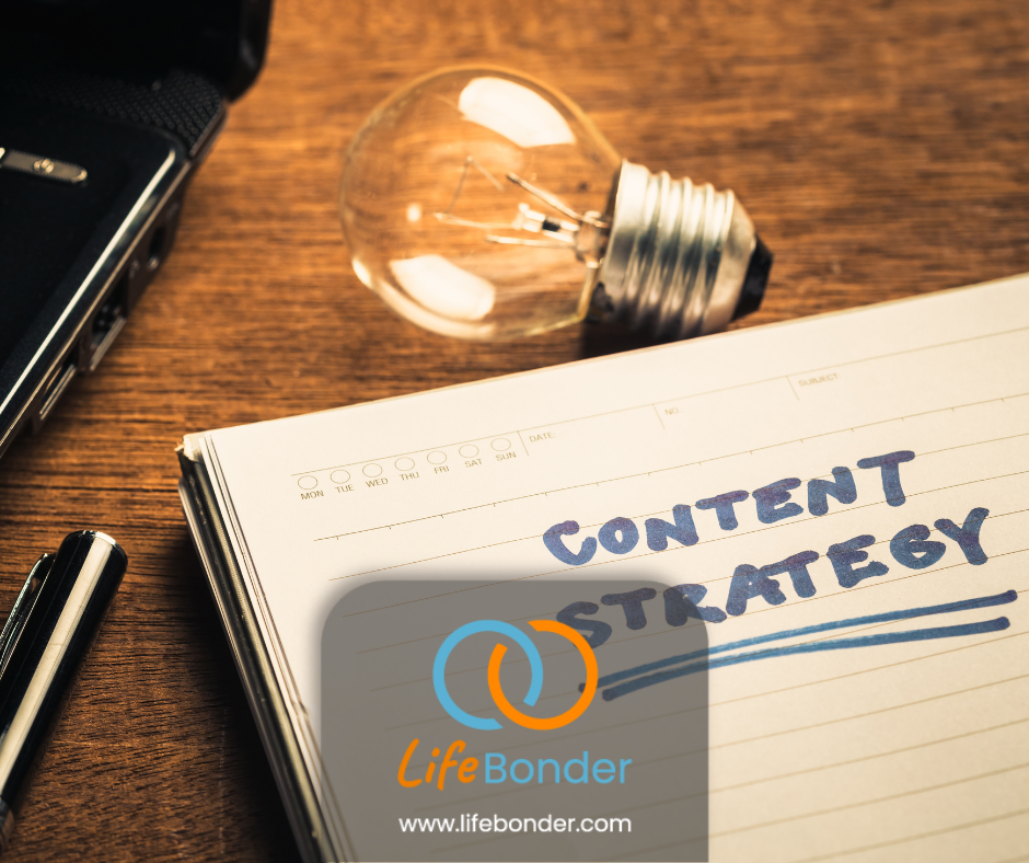 Content strategy writtten on a page. A light bulb lies next to it.