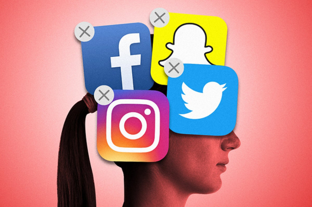 social media logos covering woman's head